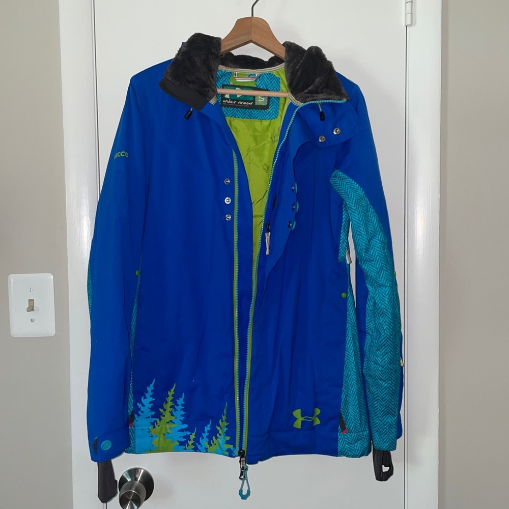 Womens Small Under Armour Recco Ski Snowboard Hooded Jacket Blue/Green